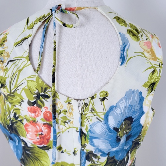 70's A-Line Floral Dress Hawaiian Square Neck Halter Cap Sleeves Full Circle - Picture 3 of 16